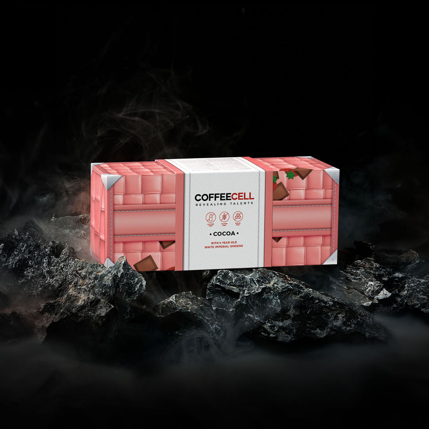 pink box of strawberry cocoa product on rocks