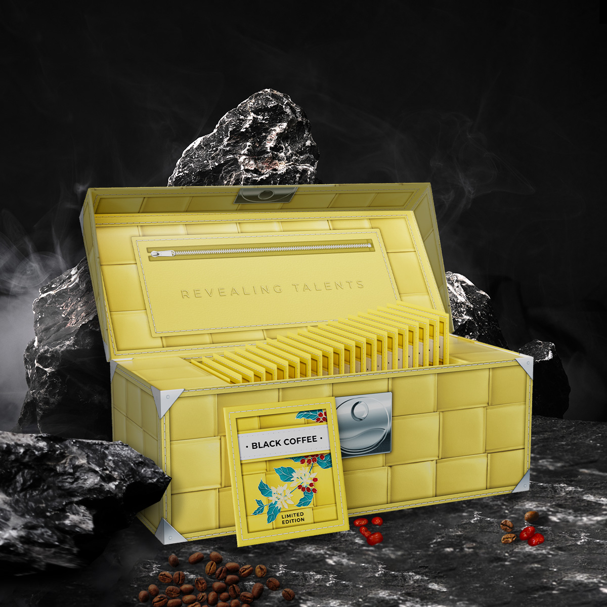 open yellow box with ornament of premium black coffee product