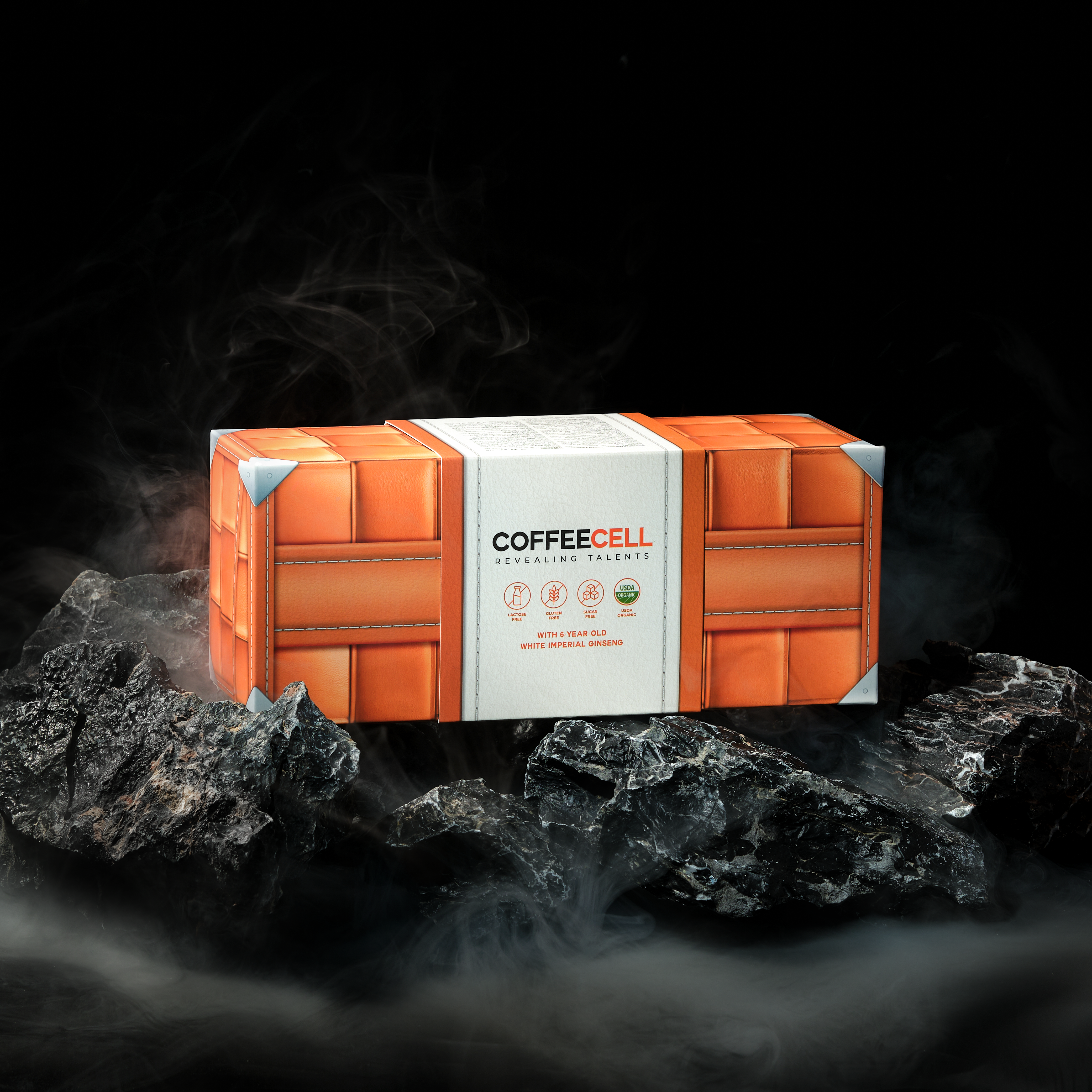 closed orange box of hazelnut cappuccino