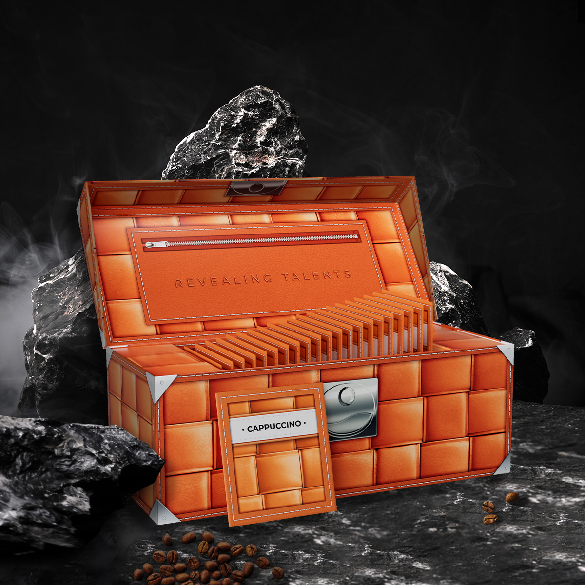 open orange box of hazelnut cappuccino on rocks