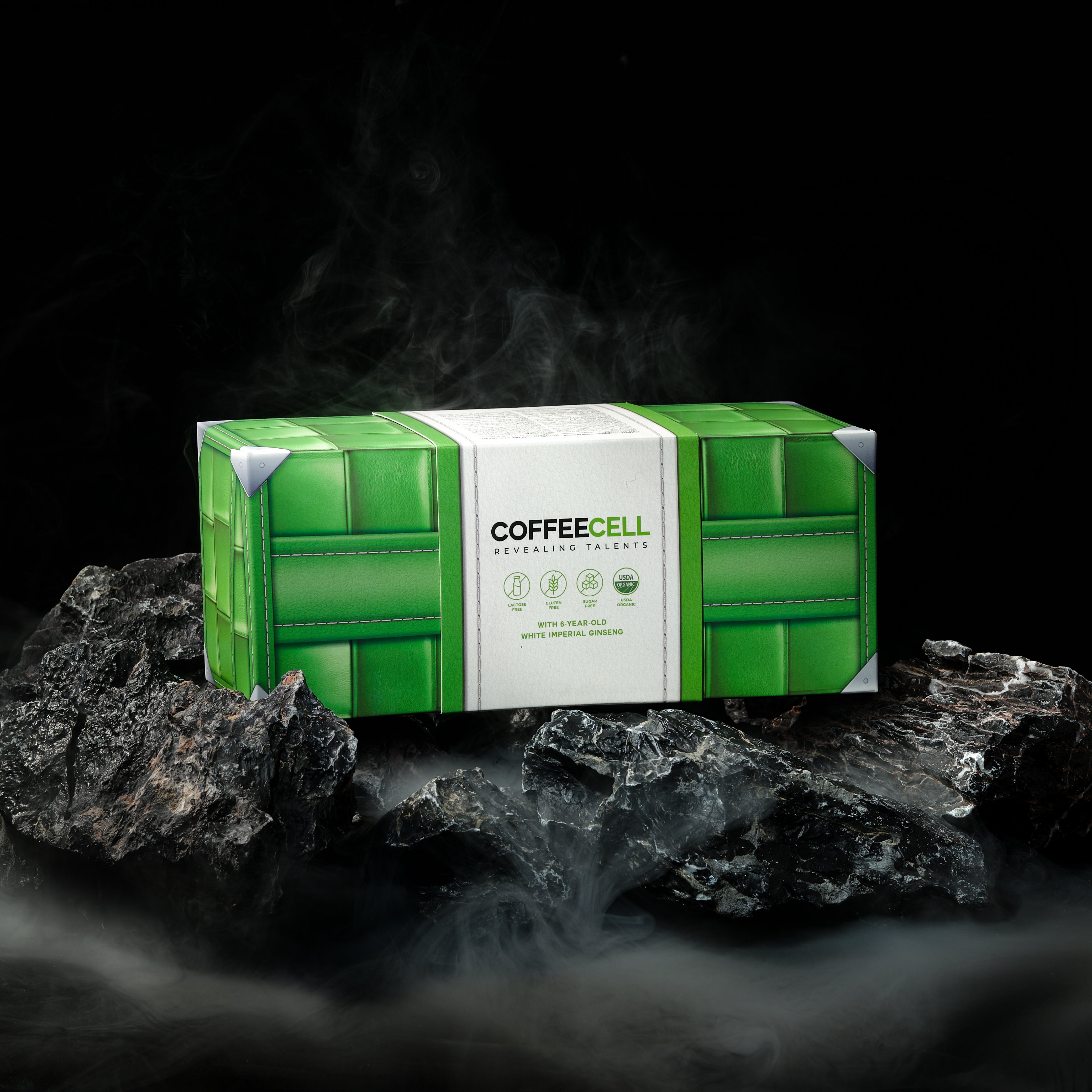 green tea box on rocks